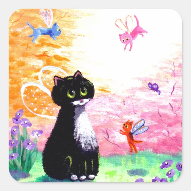 Black White Tuxedo Cat Fairies Creationarts Square Sticker (Front)