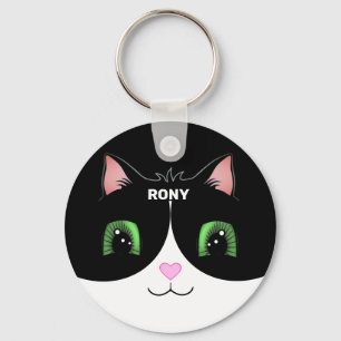 Black & White Tuxedo Cat Happy Face Keychain