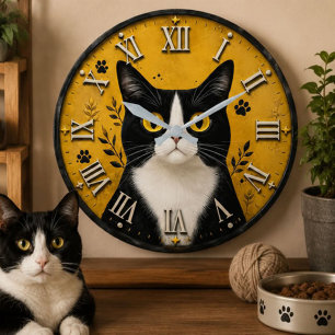 Black & White Tuxedo Cat Home Decor Large Clock