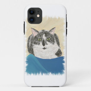 Black White Tuxedo Cat on Blue iPhone 5 Cases