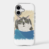 Black White Tuxedo Cat on Blue iPhone 5 Cases