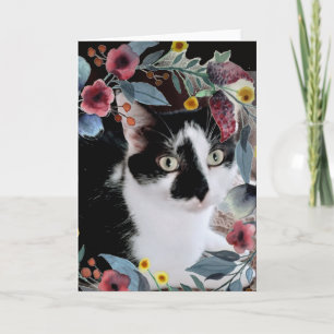 Black White Tuxedo Cat Photo with Flowers Card