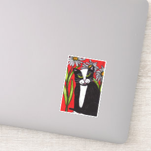 Black White Tuxedo Cat Sitting in Daisies Red