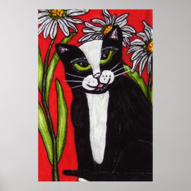 Black White Tuxedo Cat White Daisies Red Poster (Front)