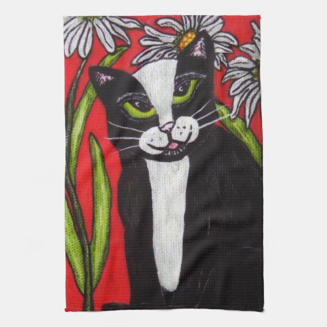 Black White Tuxedo Cat White Daisies Red Tea Towel (Vertical)