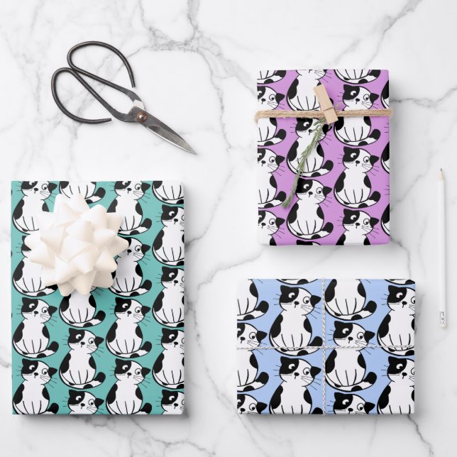 Black White Tuxedo Kitty Design Wrapping Paper (Front)