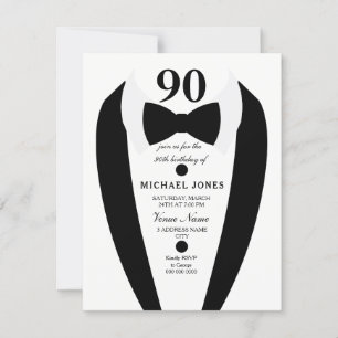 Black white Tuxedo Mens 90th Birthday Party Invite