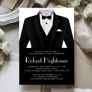 Black White Tuxedo Mens Birthday Party Invitation
