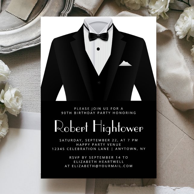 Black White Tuxedo Mens Birthday Party Invitation (Creator Uploaded)