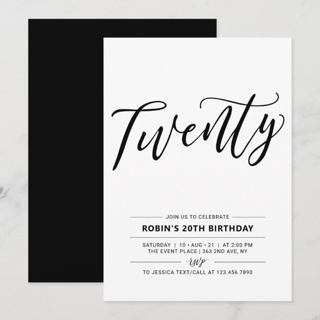 Black & White Twenty Minimal 20th Birthday Party Invitation (Front/Back)