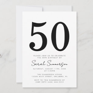Black White Typography Fifty 50th Birthday Party Invitation