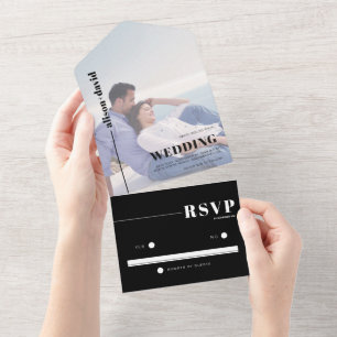 Black, white typography minimalist photo wedding all in one invitation