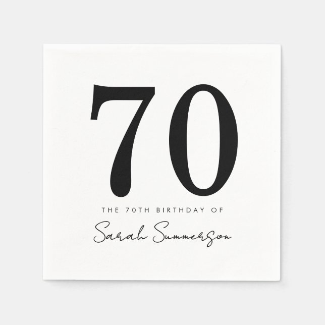 Black White Typography Seventy Name 70th Birthday Napkin (Front)