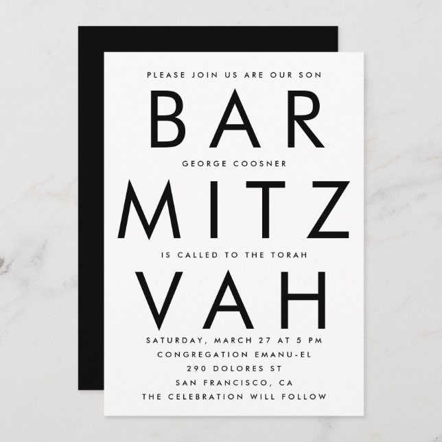 Black White Ultra Modern Bar Mitzvah Invitation (Front/Back)
