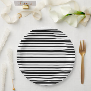 Black & White Uneven Stripes Paper Plate