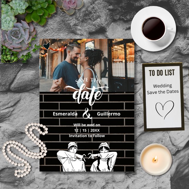 Black White Unique Fun Simple Cute Anime Wedding Save The Date (Creator Uploaded)