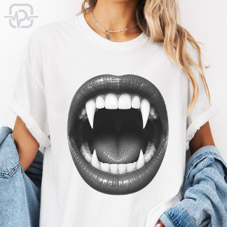 Black White Vampire Fangs Gothic Halloween T-Shirt