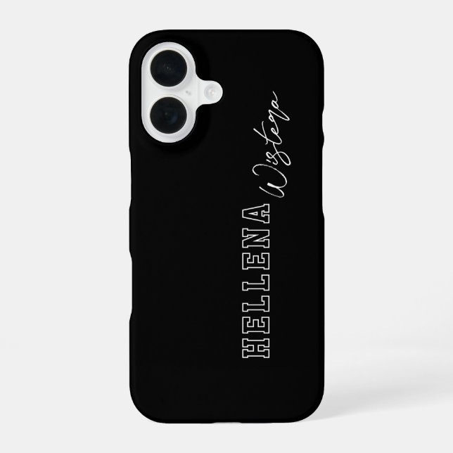 Black White Varsity College Monogram Script Name iPhone 16 Case (Back)