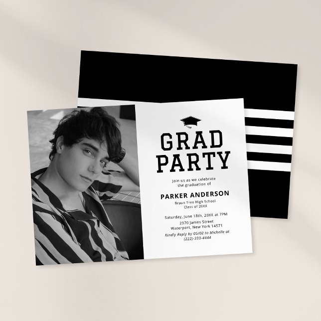 Black White Varsity Photo Graduation Party Invitation (Creator Uploaded)