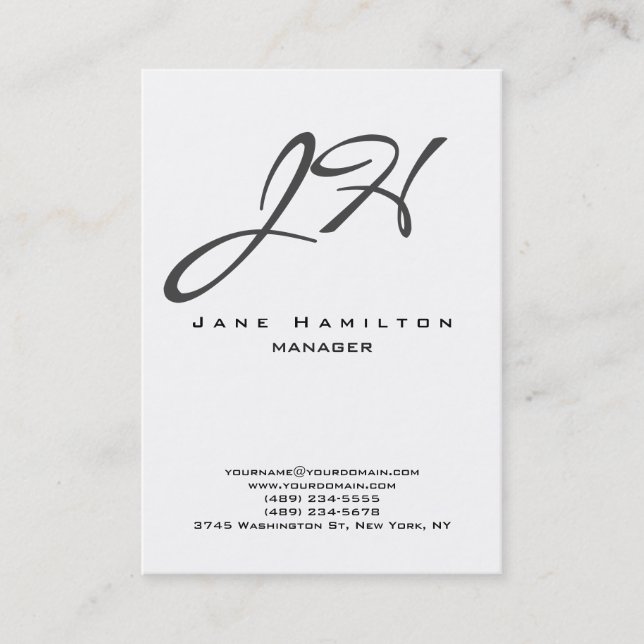 Black white vertical modern plain script monogram business card (Front)