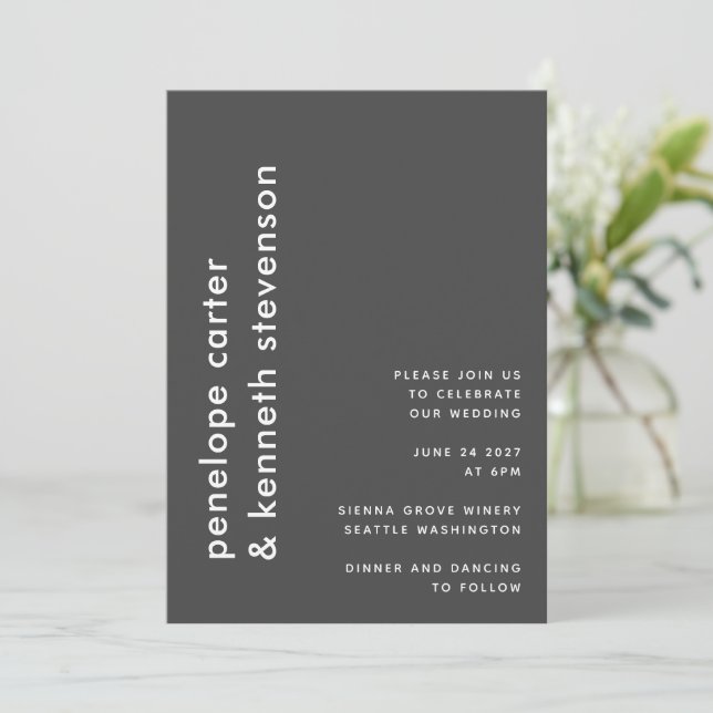 Black White Vertical Names Bold Modern Wedding Invitation (Standing Front)