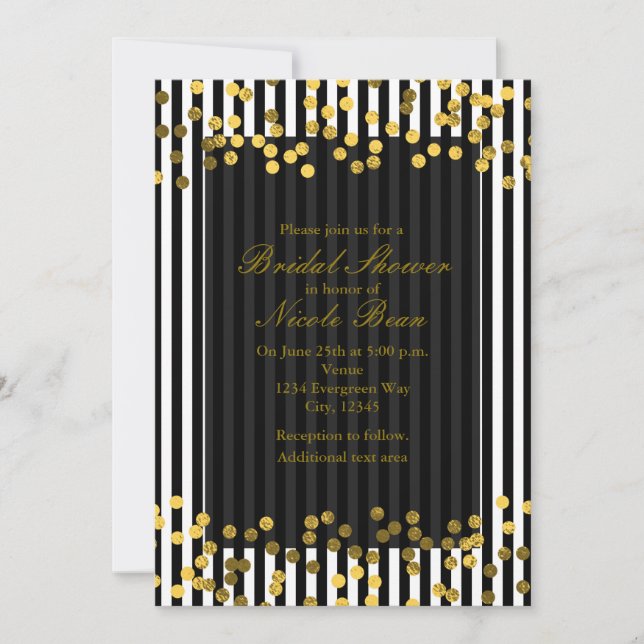 Black & White Vertical Stripes Gold Faux Foil Dots Invitation (Front)