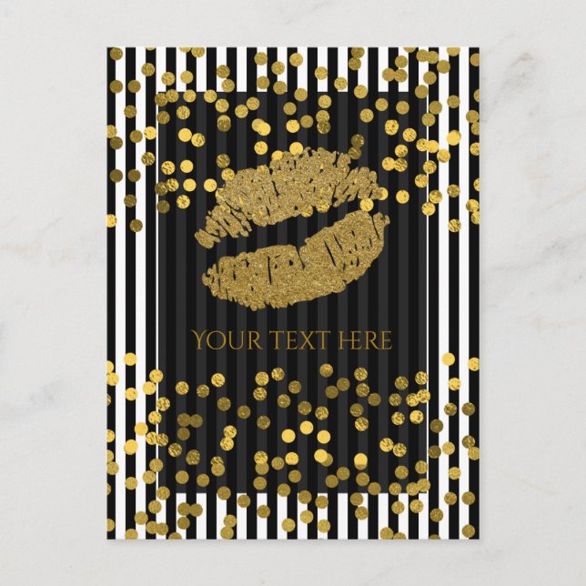 Black & White Vertical Stripes Gold Faux Foil Dots Postcard (Front)