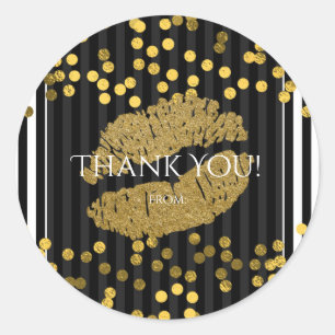 Black & White Vertical Stripes Gold Lips Kiss Classic Round Sticker