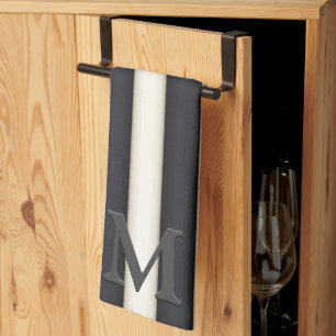 Black & White Vertical Stripes Gothic Monogram  Tea Towel