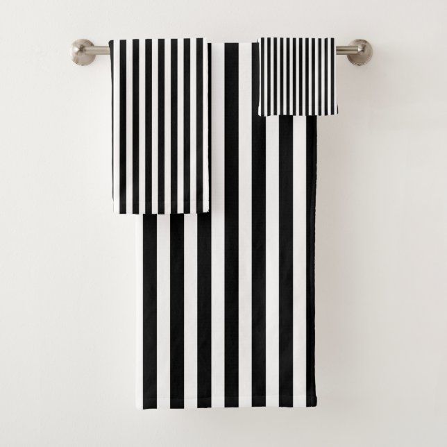 Black White Vertical Stripes Striped Pattern Chic Bath Towel Set (Insitu)