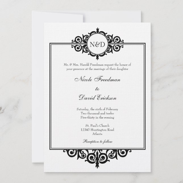 Black white Victorian scroll monogram wedding Invitation (Front)