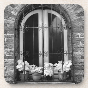 Black & White view of window and flower pots Coaster