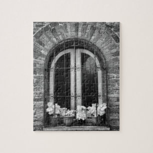 Black & White view of window and flower pots Jigsaw Puzzle