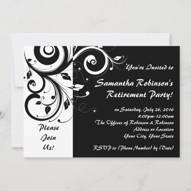 Black+White Vine Swirl Retirement Party Invitation (Front)