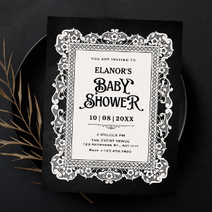Black white vintage baroque baby shower invitation