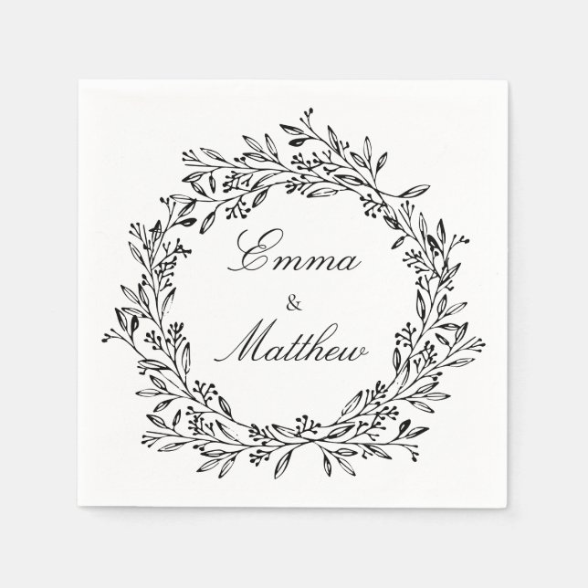 Black & White Vintage Botanical Elegant Foliage  Napkin (Front)