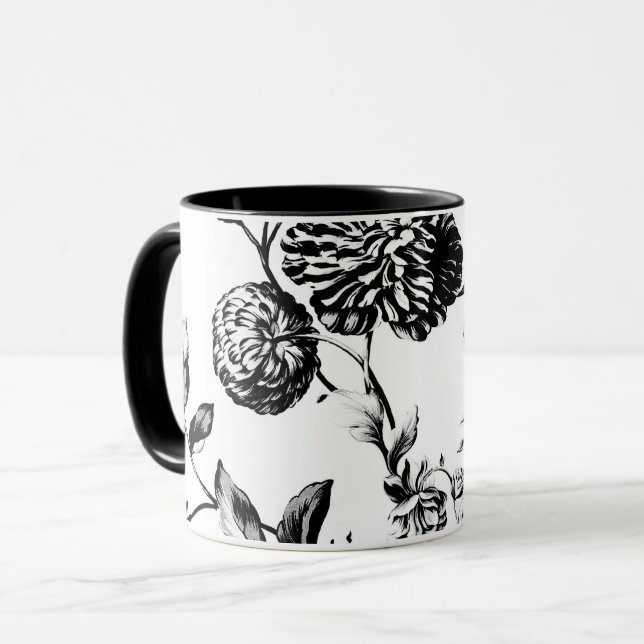 Black & White Vintage Botanical Floral Toile Mug (Front Left)