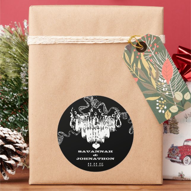 Black & White Vintage Chandelier Wedding Classic Round Sticker (Holiday)