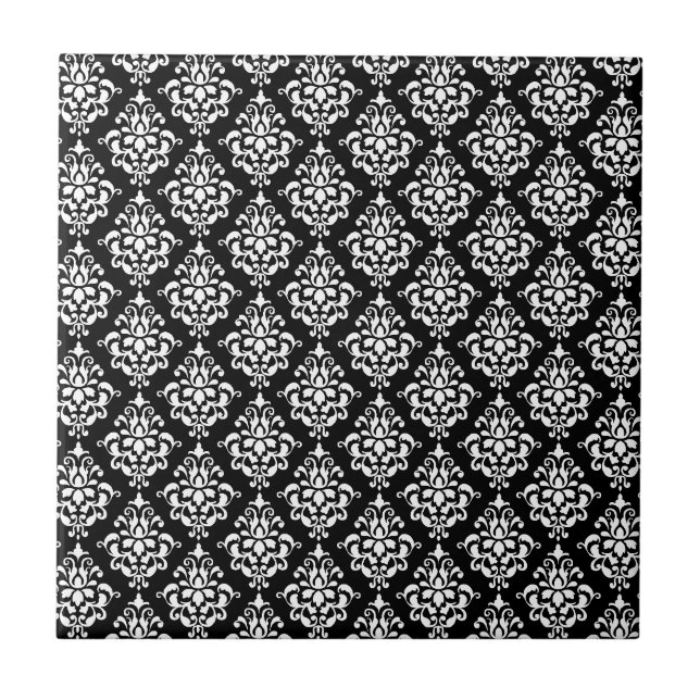 Black White Vintage Damask Pattern 1 Ceramic Tile (Front)