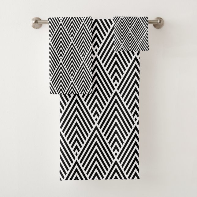 Black & White Vintage Diamond Pattern Bath Towel Set (Insitu)
