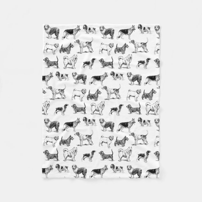 Black & White Vintage Dogs Pattern  Fleece Blanket (Front)