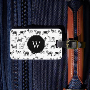 Black & White Vintage Dogs Pattern Monogram Luggage Tag