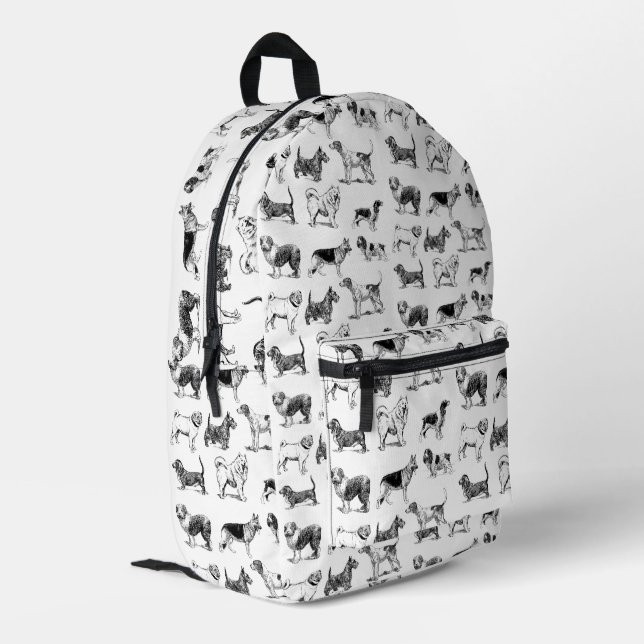 Black & White Vintage Dogs Pattern School Printed Backpack (Back Corner Left)