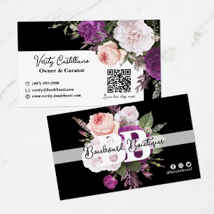 Black & White Vintage Floral Chic Boutique QR Code Business Card