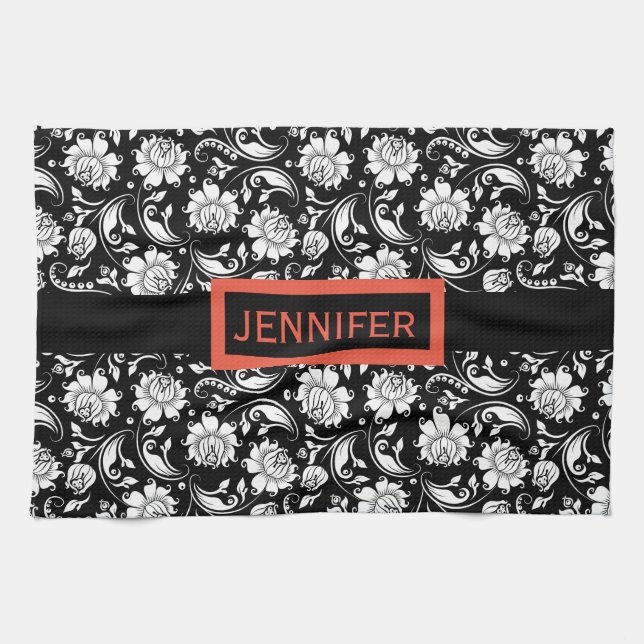 Black & White Vintage Floral Damasks Tea Towel (Horizontal)