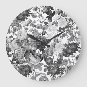 Black  White Vintage Floral  Large Clock