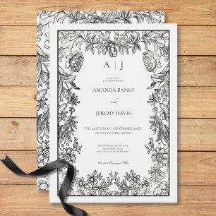Black & White Vintage Floral Monogram Wedding Invitation