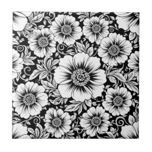 Black White Vintage Floral Seamless Pattern (2) Ceramic Tile