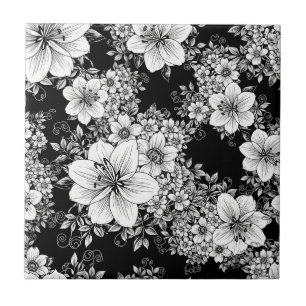 Black White Vintage Floral Seamless Pattern (3) Ceramic Tile
