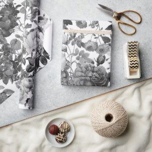Black  White Vintage Floral   Wrapping Paper